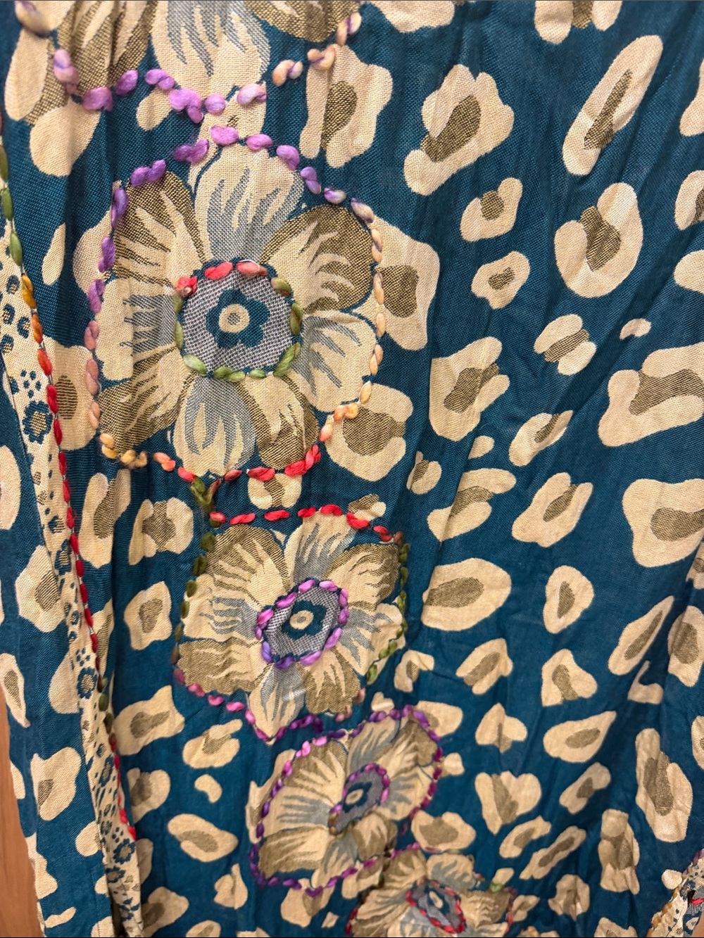 Raj Teal and Beige Abstract Floral and Leopard Print Bohemian Kimono Duster - Picture 6 of 9